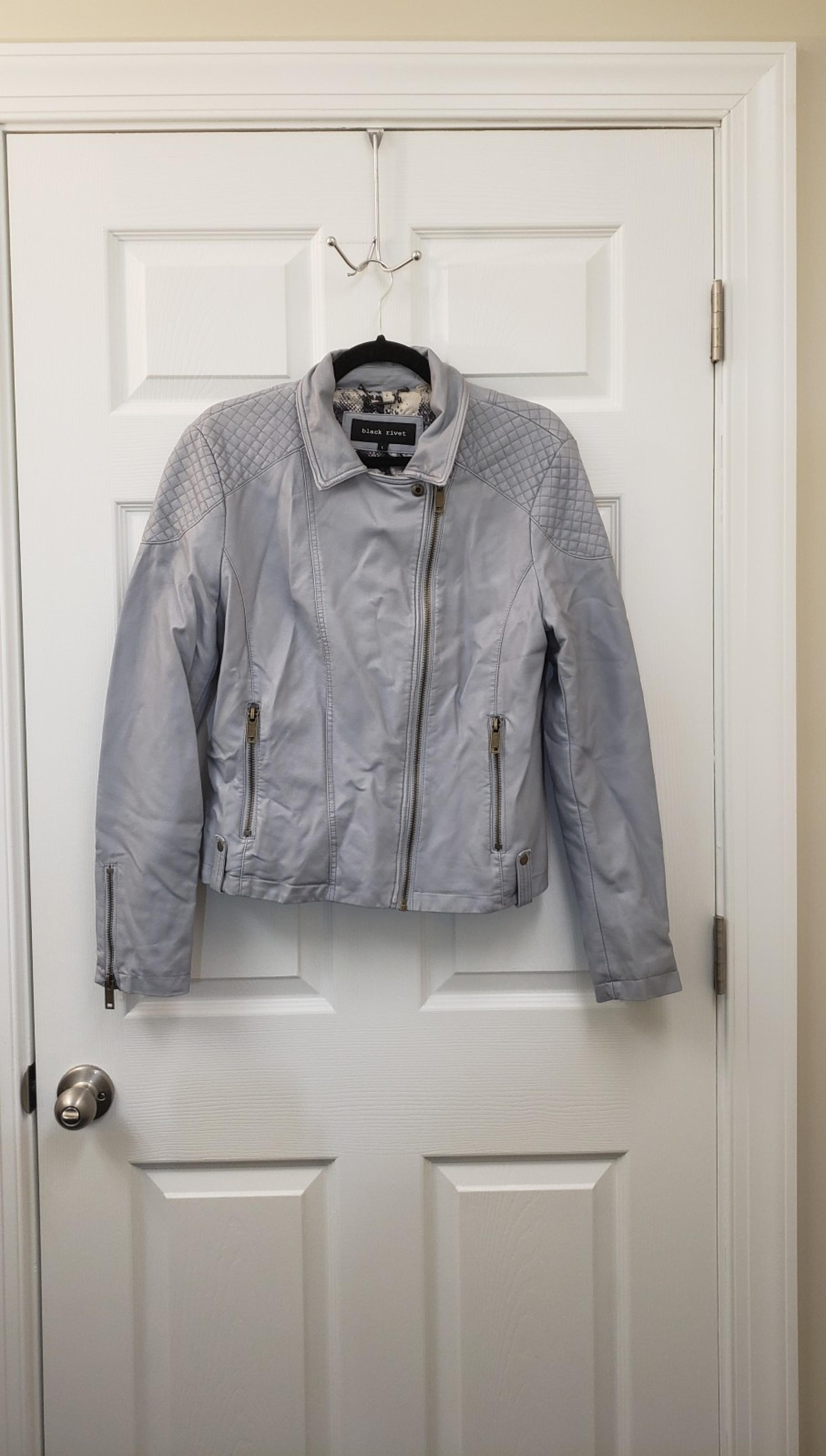 Black Rivet, Greyish/blue faux leather, zipper front collared jacket, SZ LG
