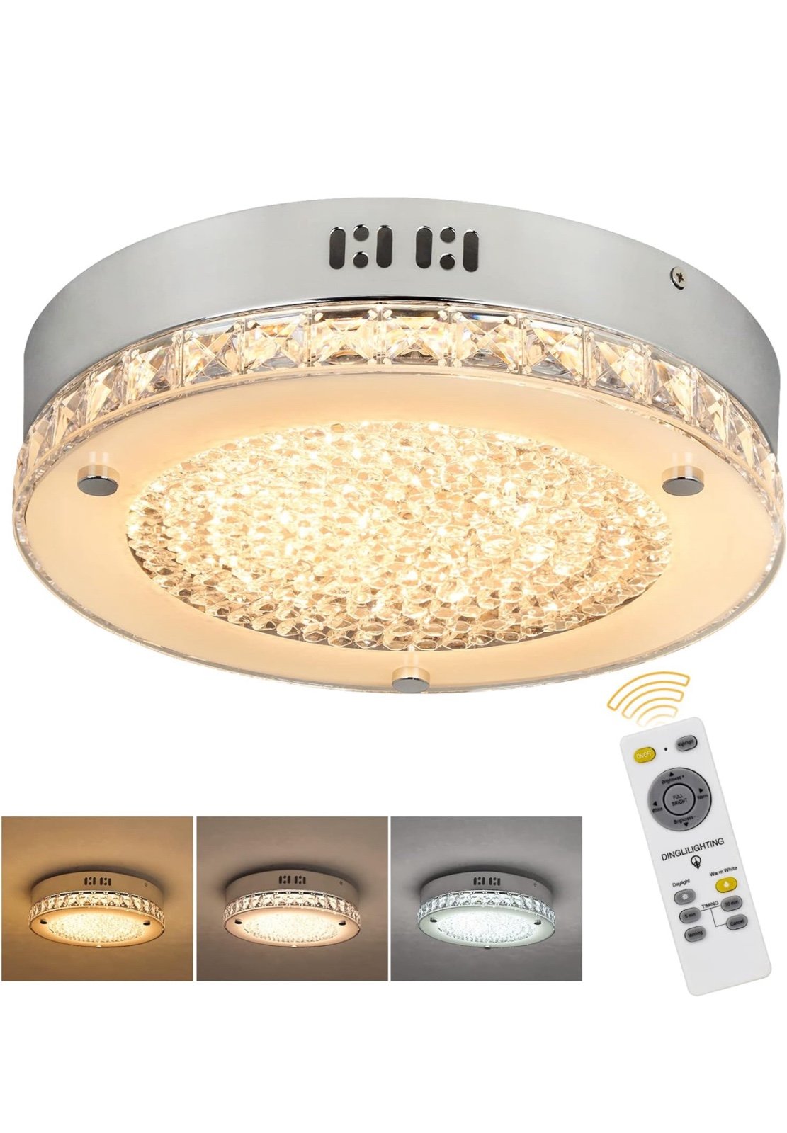 Depuley 18W LED Crystal Flush Mount Ceiling Light with Remote, 11-Inch Modern Di
