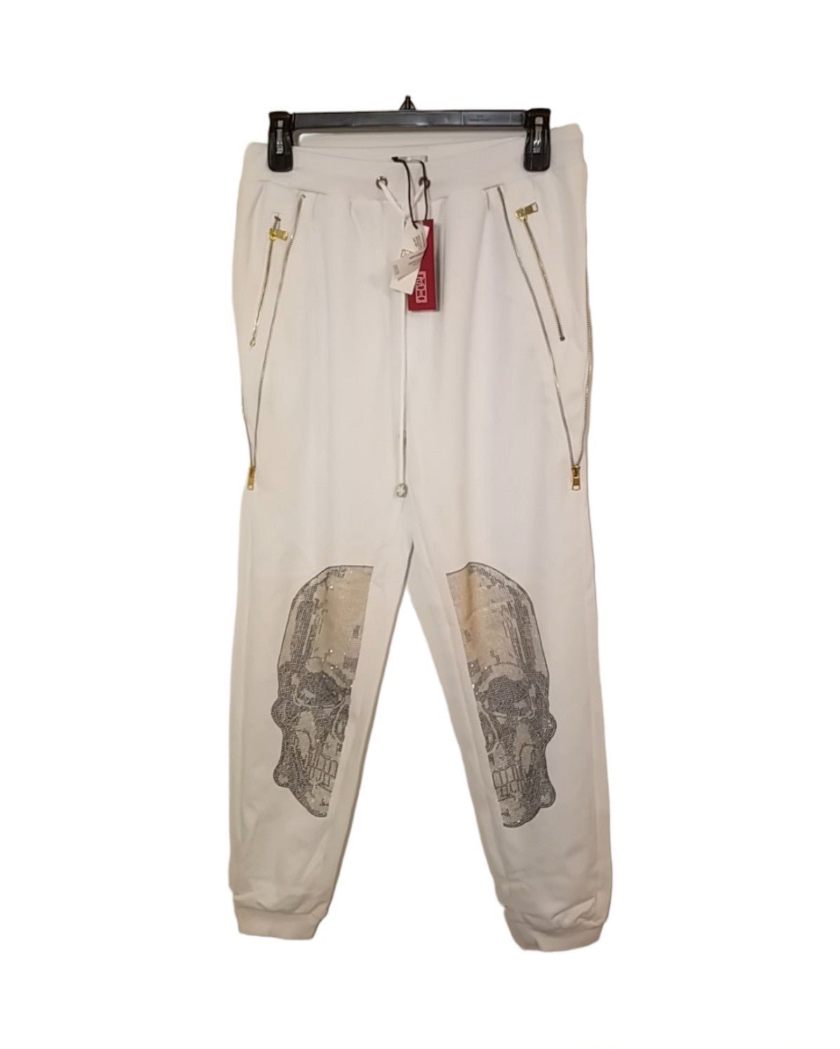 HENRY & WILLIAM NEW YORK Skull Sequin Gold Drawstring Waist Joggers / White