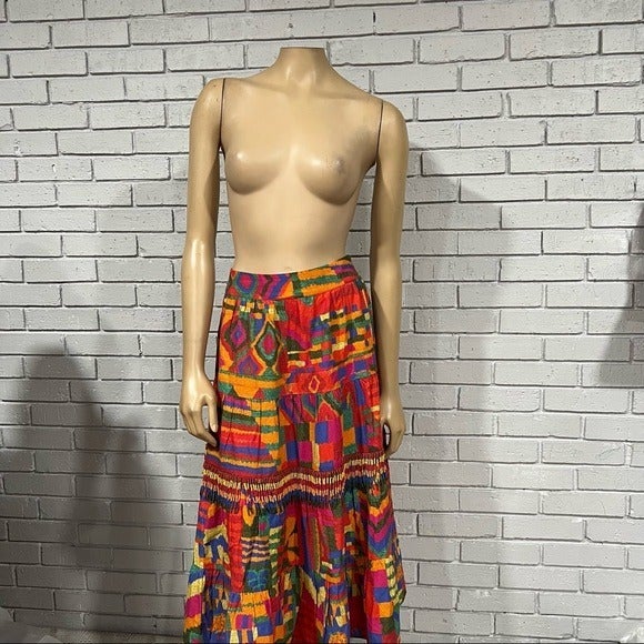 Farm Rio Printed Patchwork Midi Bohemian Beaded Skirt - Size Medium