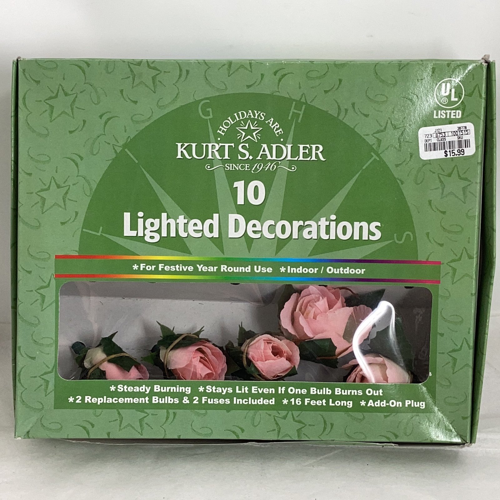 VTG Kurt Alder Lighted ROSES Floral String Lights Year Around Indoor Outdoor NEW