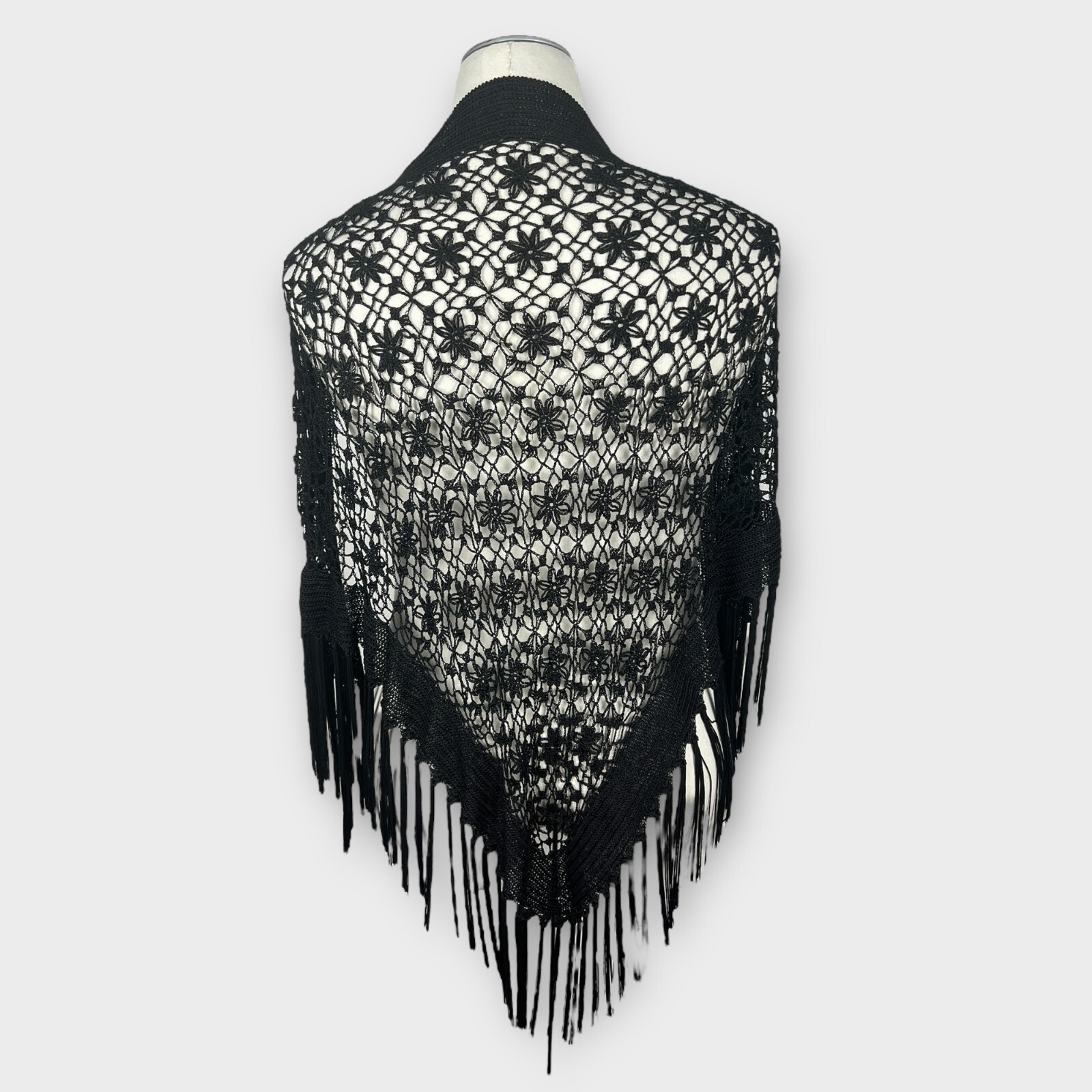 Black fLoral lace crochet fringed piano shawl cover up crochet boho festival