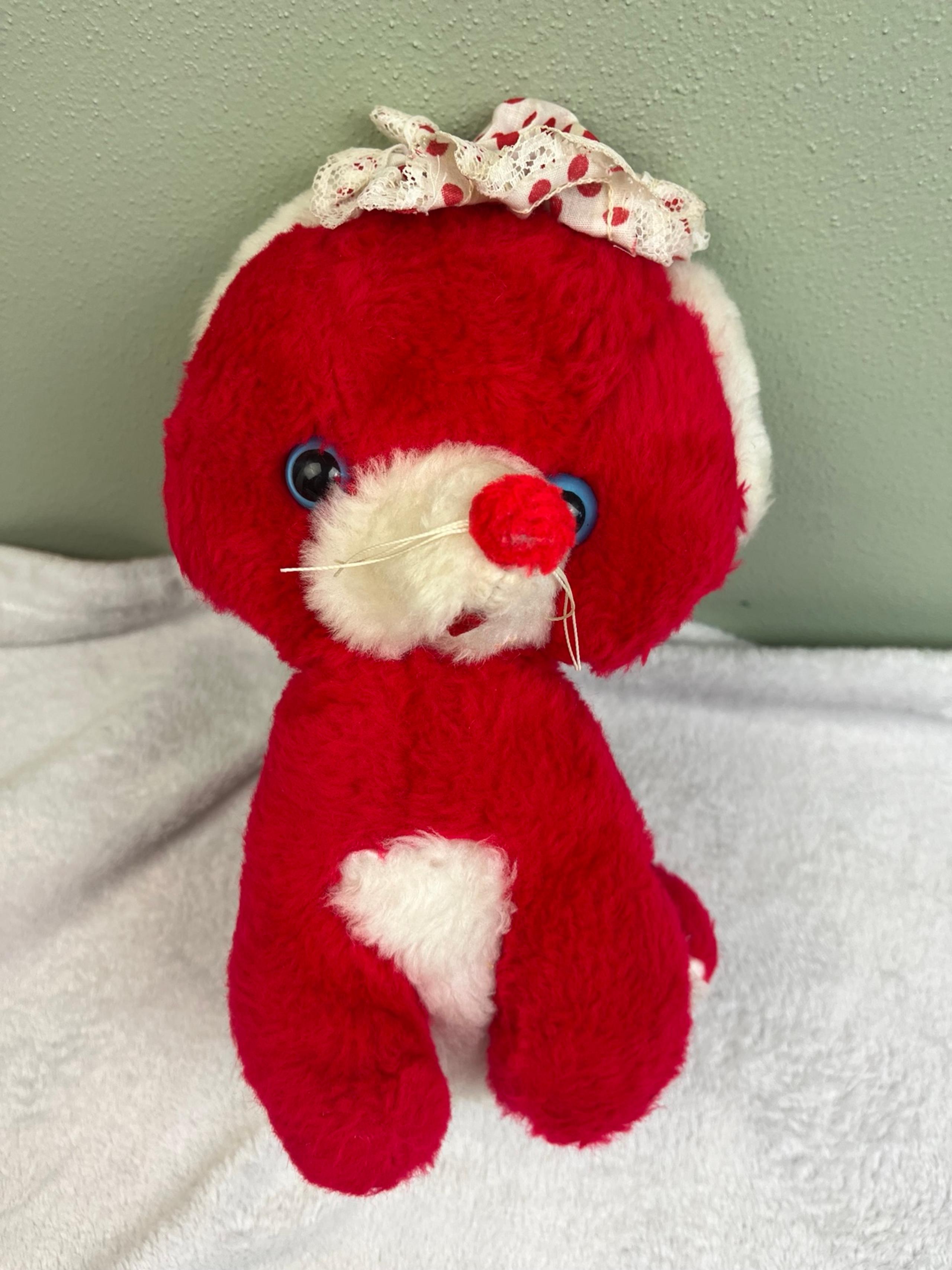 Vtg Red Plush Mouse Bear Happiness Aid Stuffed Animal 1970’s Lace Dot - Well-Made