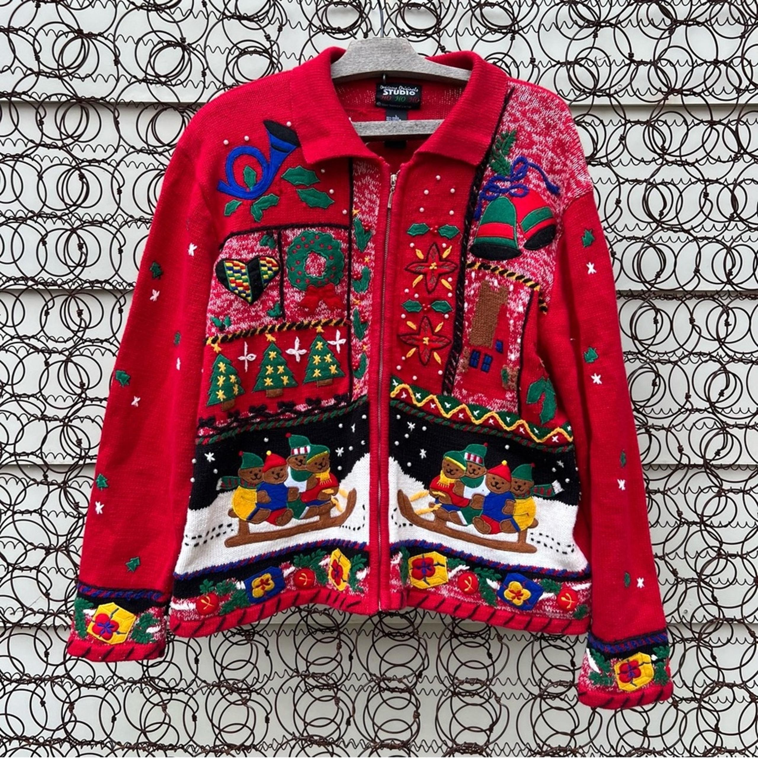 Vintage 90s Ugly Christmas sweater cardigan sledding teddy bears Americana bold