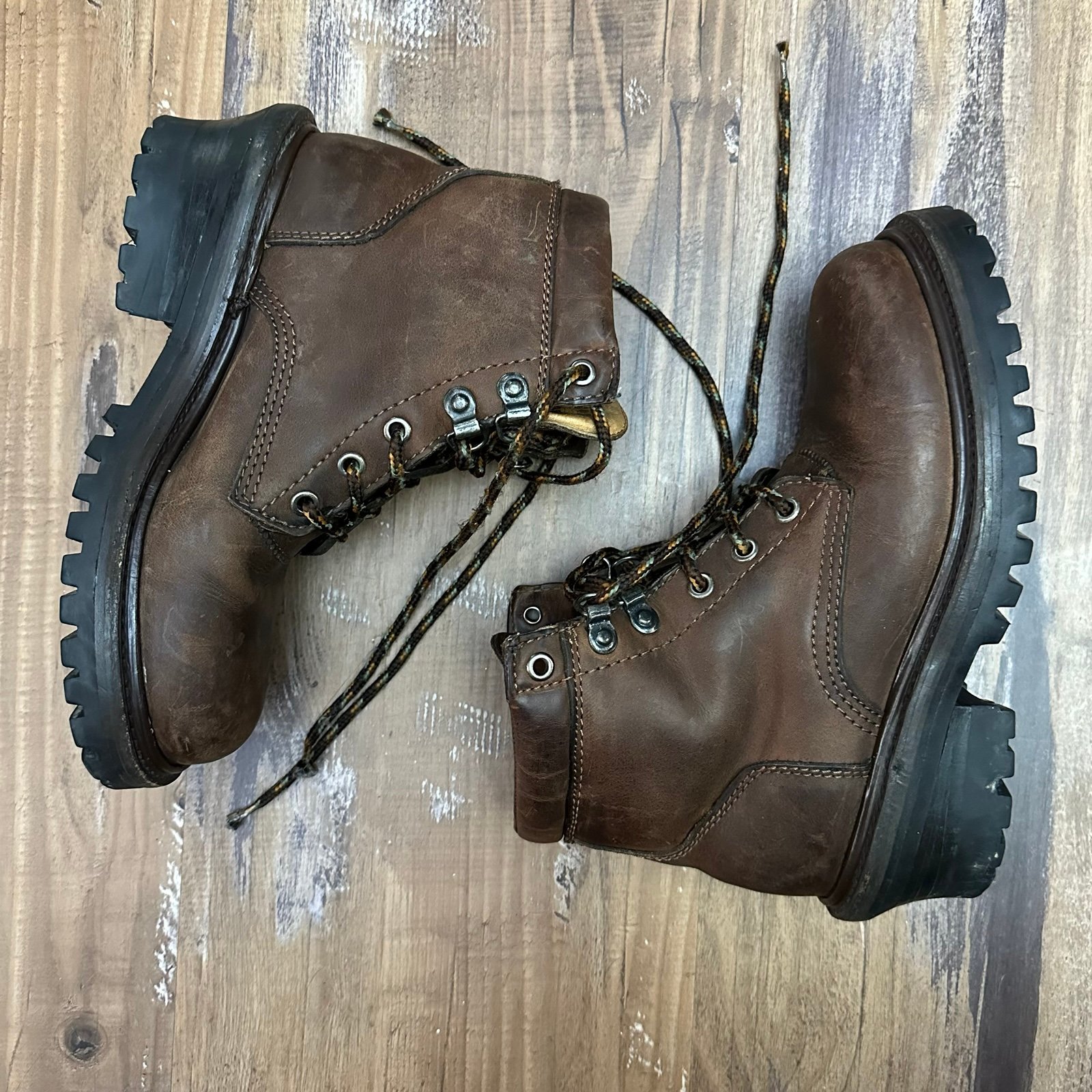 Vintage J Crew Brown Round Toe Chunky Leather Combat Work Boot with Lug Sole Goo