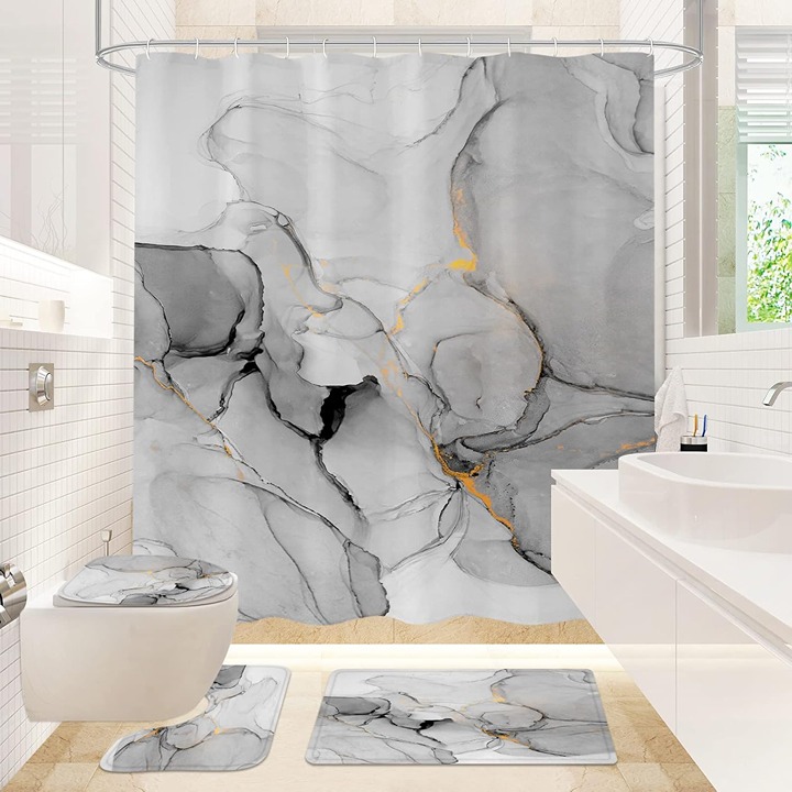 4 Pcs Bathroom Shower Curtain Set with Non-Slip Rugs