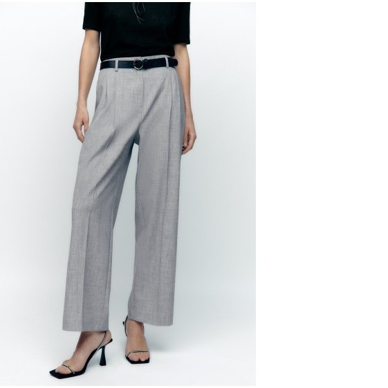 ZARA Women's Size Small Grey Belted High Waisted Straight Leg Trousers Pants S