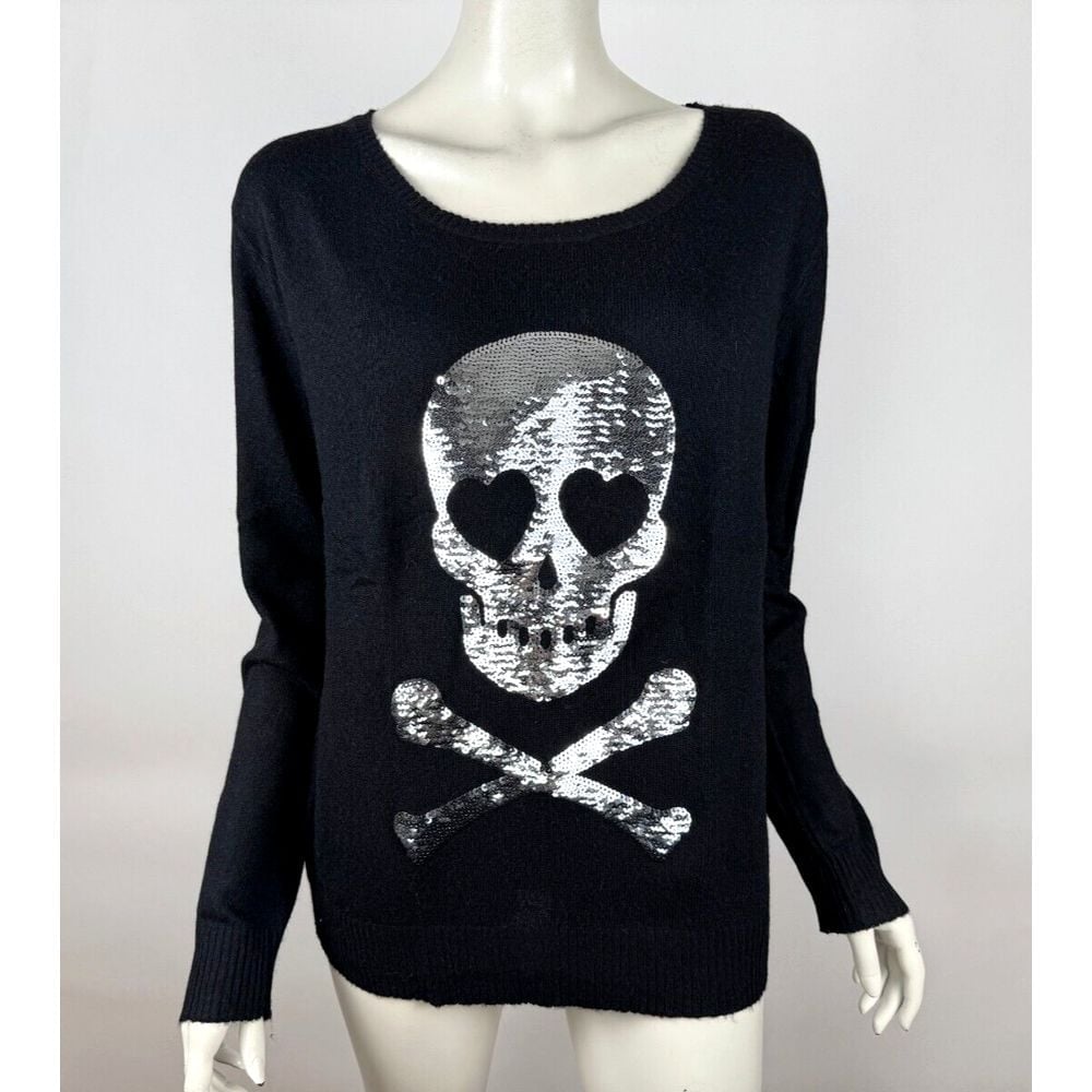 Wildfox White Label Silver Sequin Skull Sweater S EUC Long Sleeve Round Neck