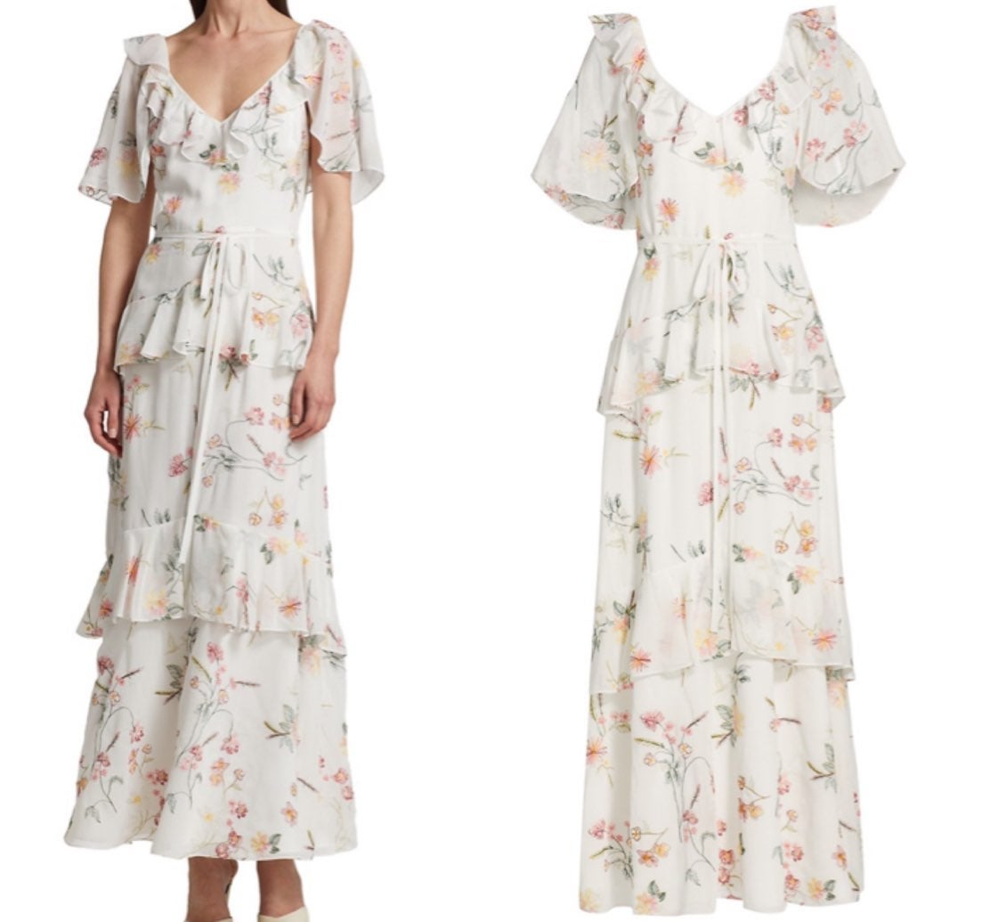 THEIA Tinsley floral embroidered chiffon maxi dress size 4