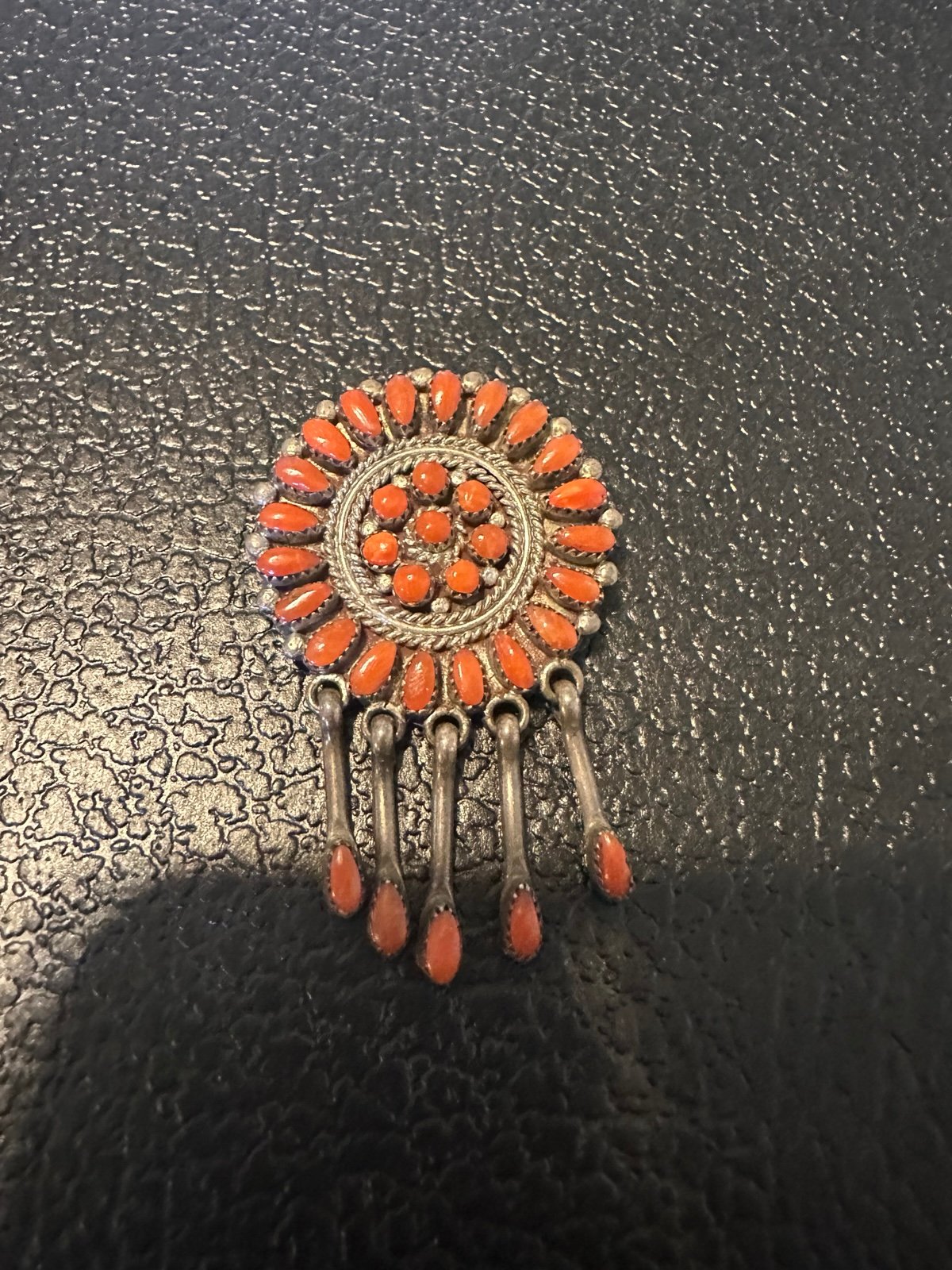 Vintage ZUNI Sterling Silver CORAL PENDANT / Brooch