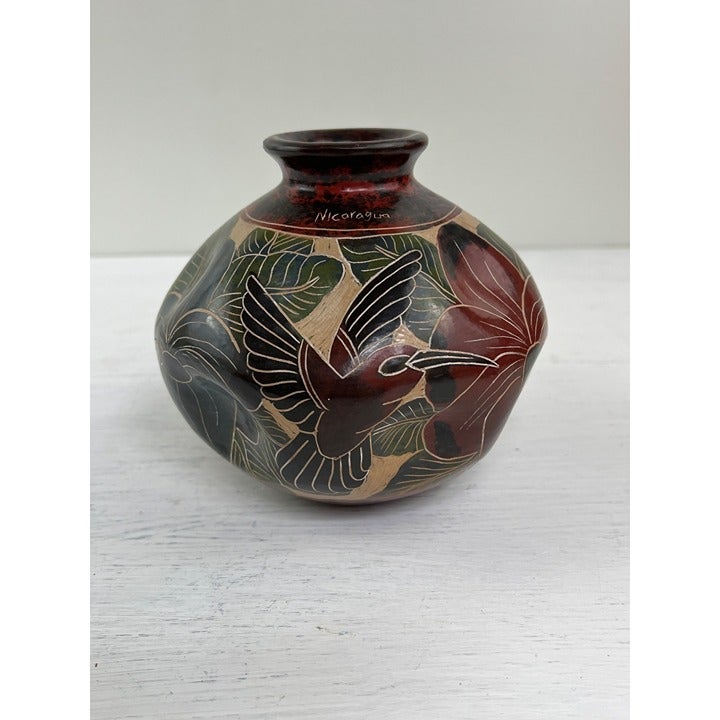 Signed Rosa Lopez Round Clay Pottery Vase W Hummingbird and Tropical Flowers