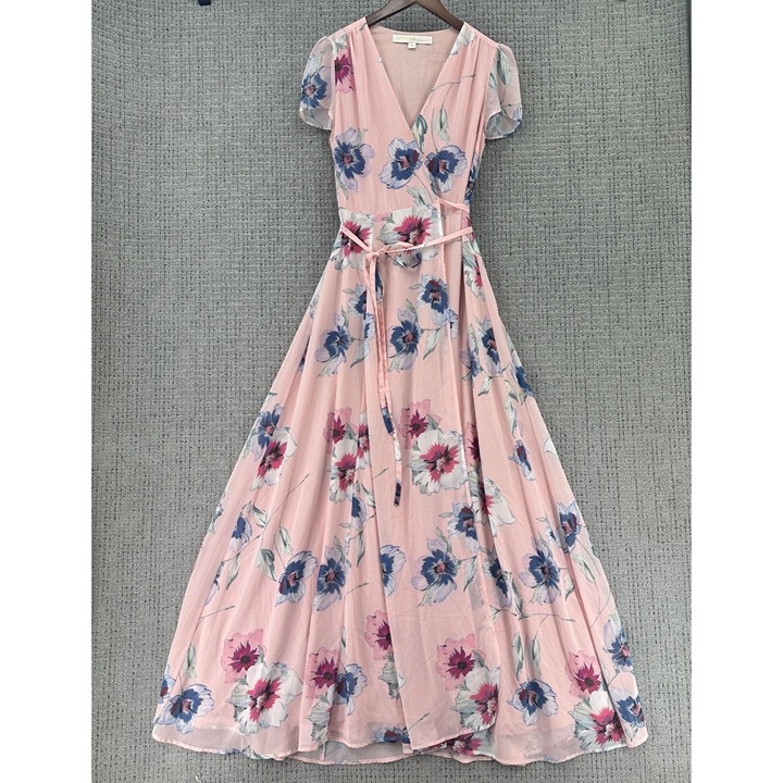 YUMI KIM Bridesmaids Maxi Dress Womens XS Pink Floral Short Sleeve Wrap Chiffon