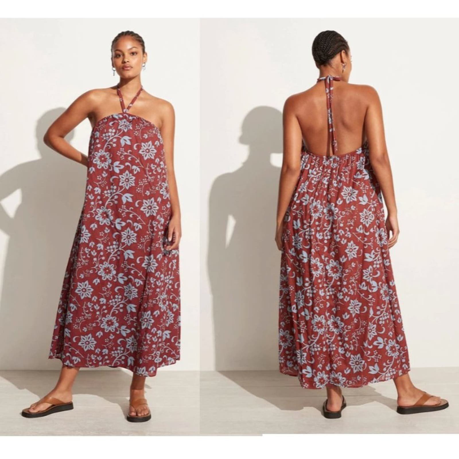 Faithfull The Brand Brise Maxi Dress Oceania Floral Print Halter Neck Brown