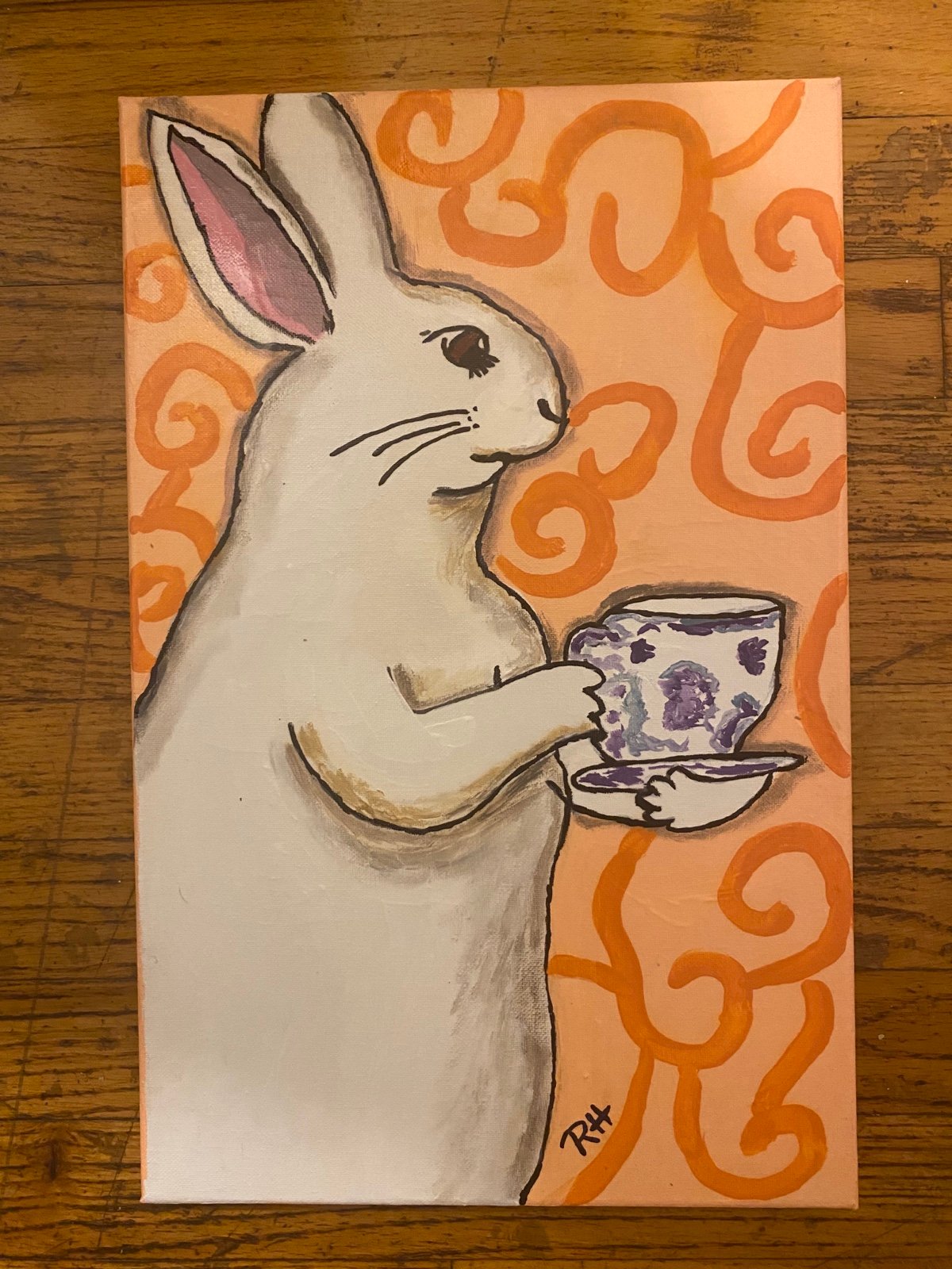 Whimsical Rabbit having a cup of Tea Painting 11X17