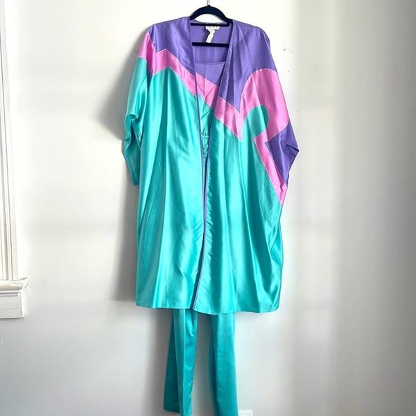 Vintage 80’s Bill Tice polyester satin pastel jumpsuit and kimono set sz M