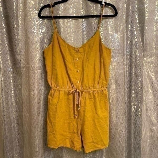 Bebop Golden Mustard Yellow Linen Tie Waist Button Down Shorts Romper Large