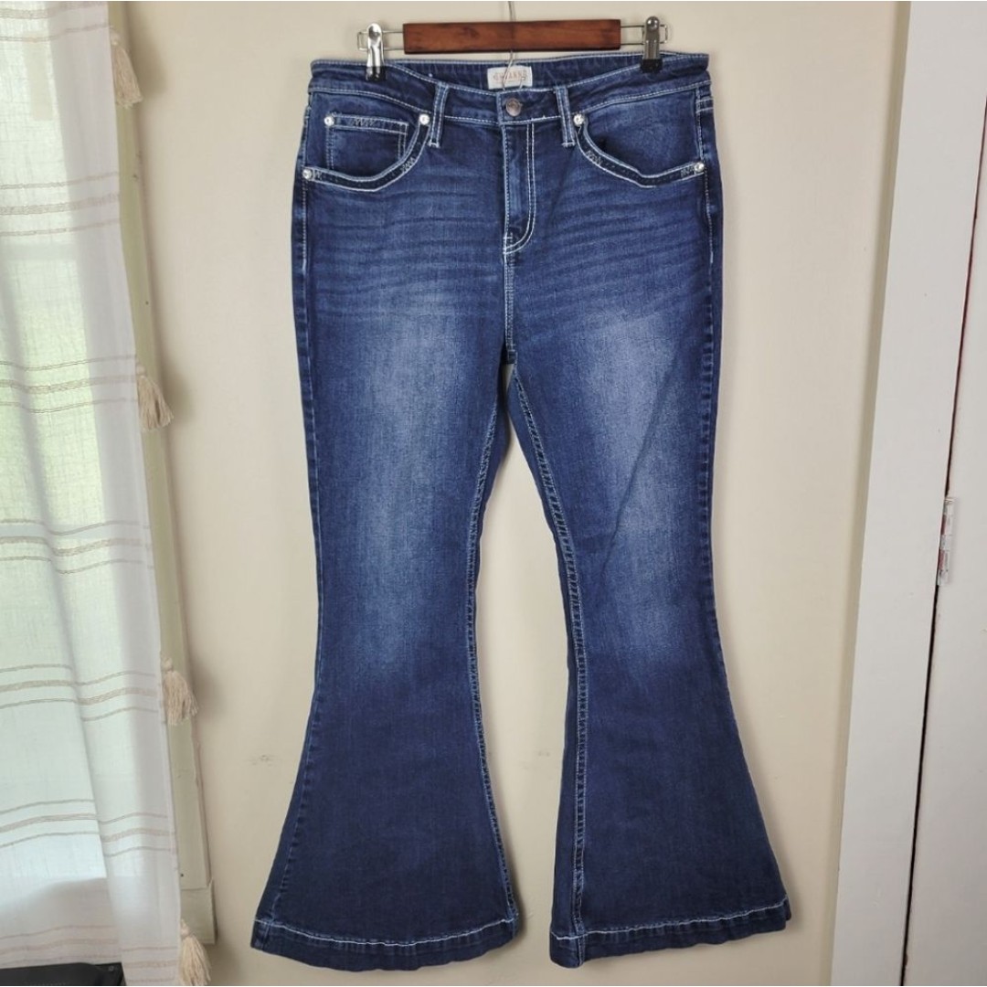 Shyanne Dark Wash Embroidered Flare Denim Blue Jeans