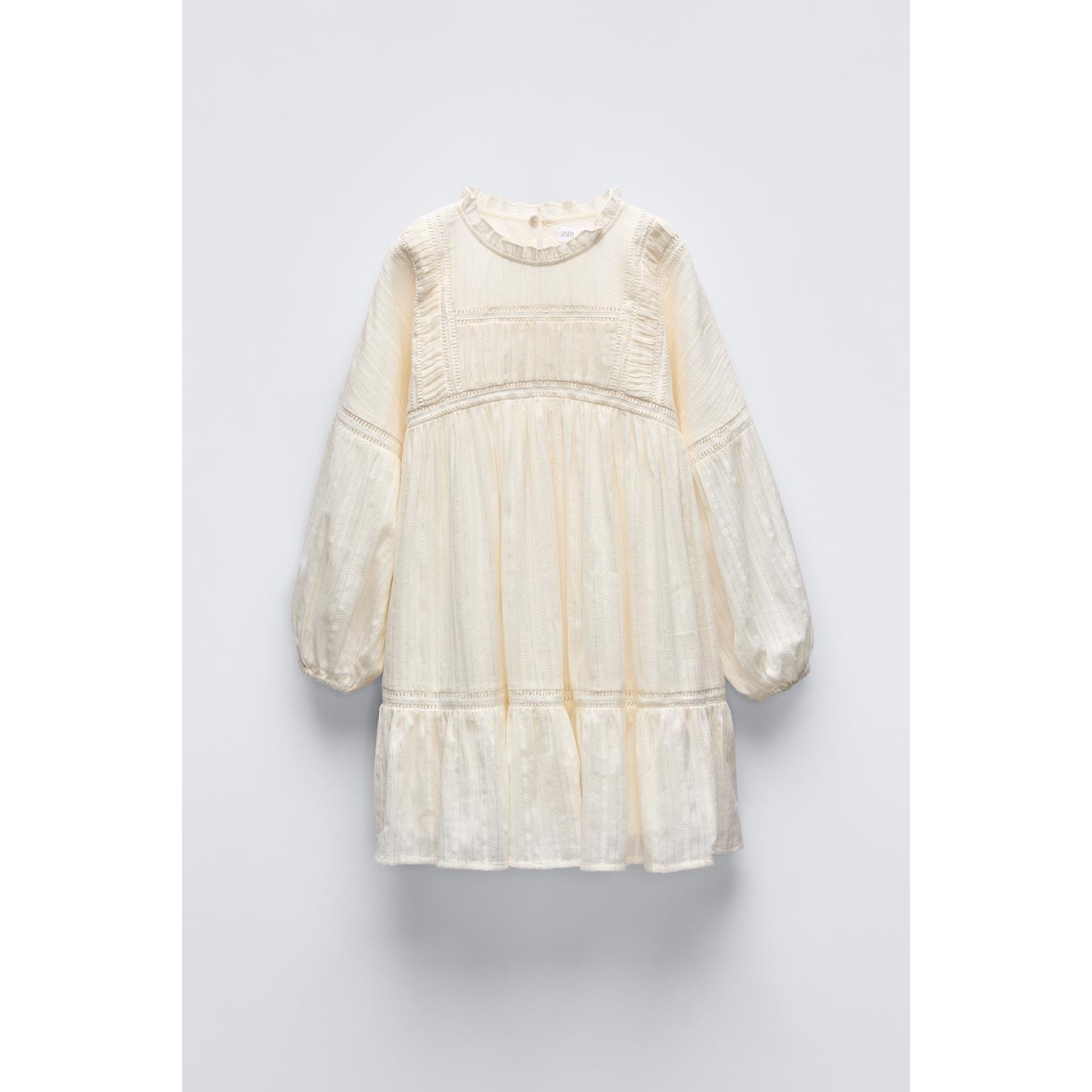 ZARA Girls Ecru Cream Neutral Sparkley Lace Insert Long Sleeve Dress size 13-14