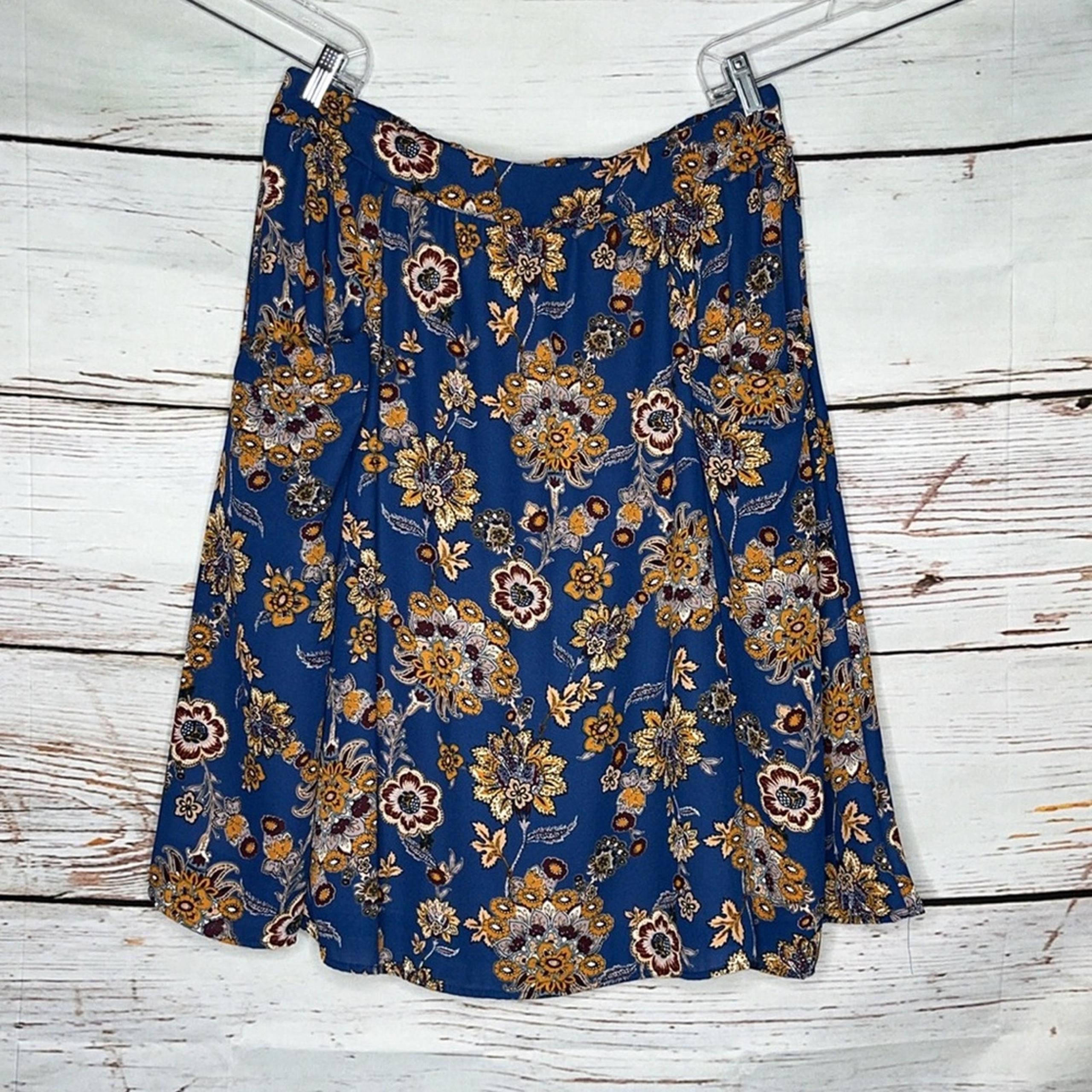 Honey & Lace NWT Size 2X Blue - Orange Floral Print A-Line Skirt w/ Pockets
