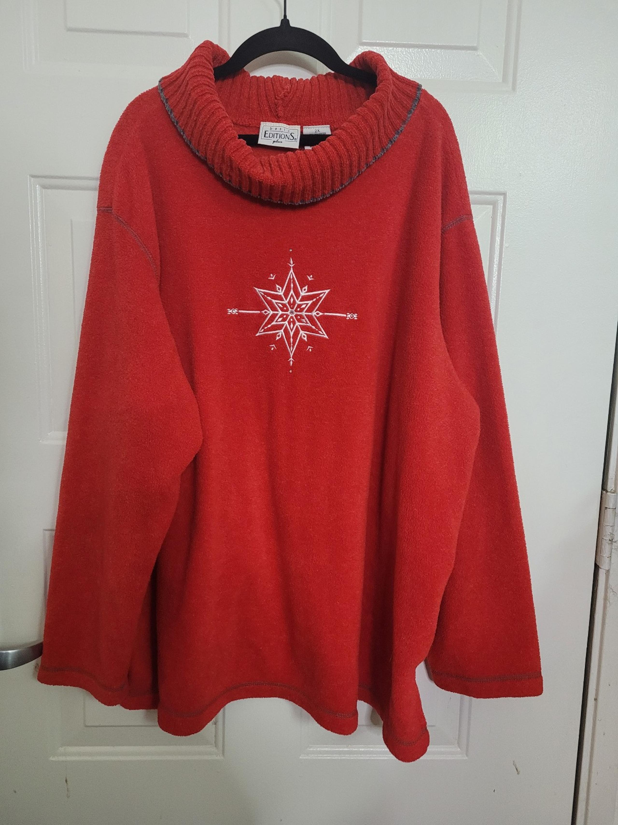 Basic Edition Red Christmas Sweater Cowl Neck Snowflake Print Size 2X