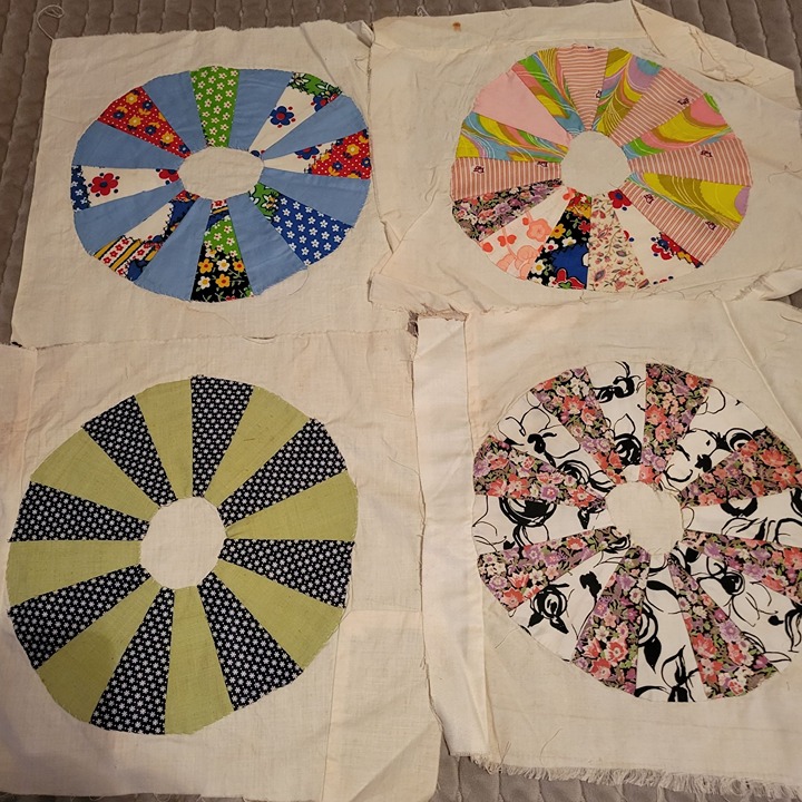 Vintage Set of 4 Hand Sewn Pieced Round Pattern Cotton Scrap Quilt Squares