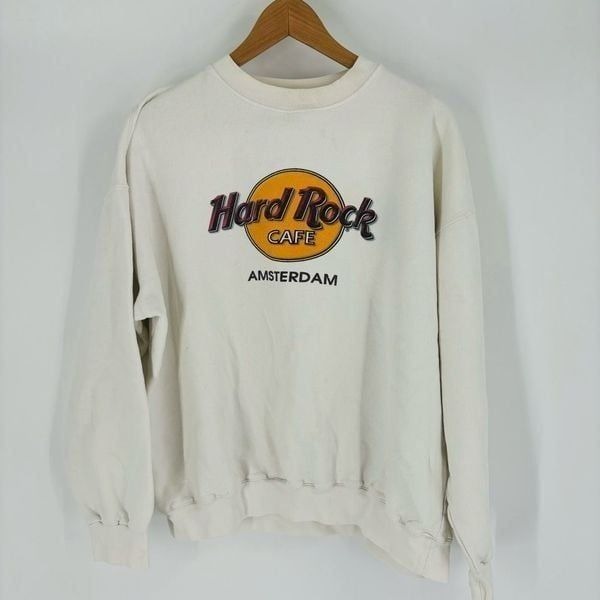 Vintage Hard Rock Cafe Amsterdam Crewneck Pullover Sweatshirt Cream Mens Size XL