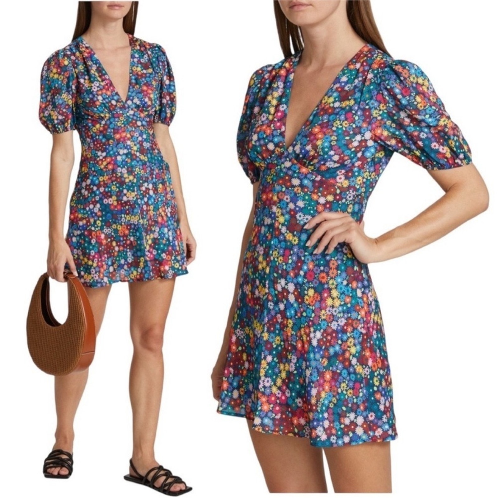 NWT Staud Size 10 Milla Rainbow Flower Print Puff Sleeve V Neck Mini Dress