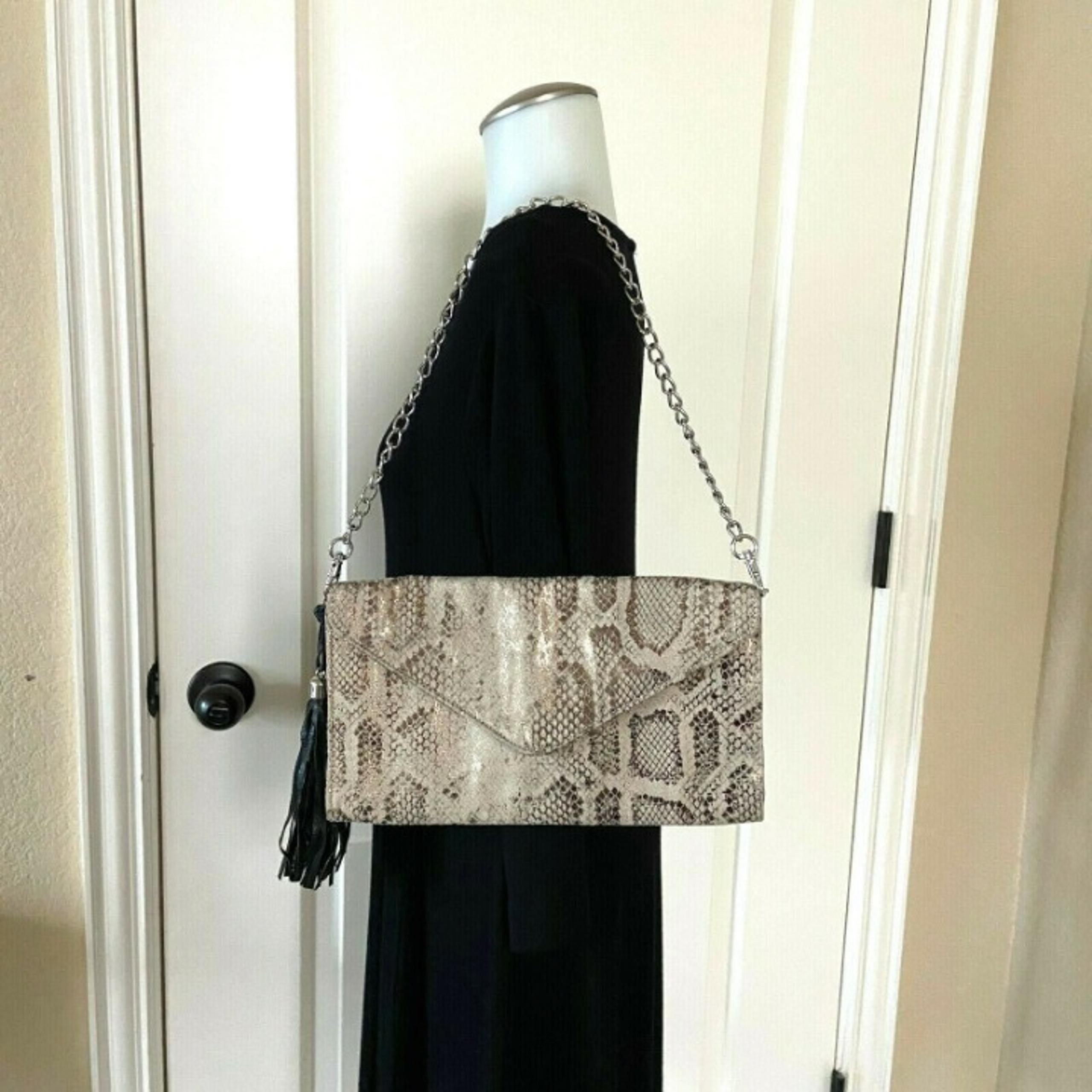 Faux Suede Snake Python Print Clutch Shoulder Bag Chain Metalic Gold Tan Tassel