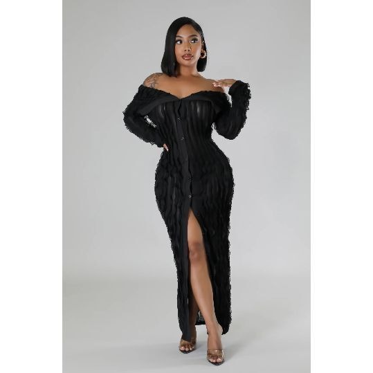Micas Off Shoulder Textured Button Up Slit Long Sleeve Maxi Dress size XL