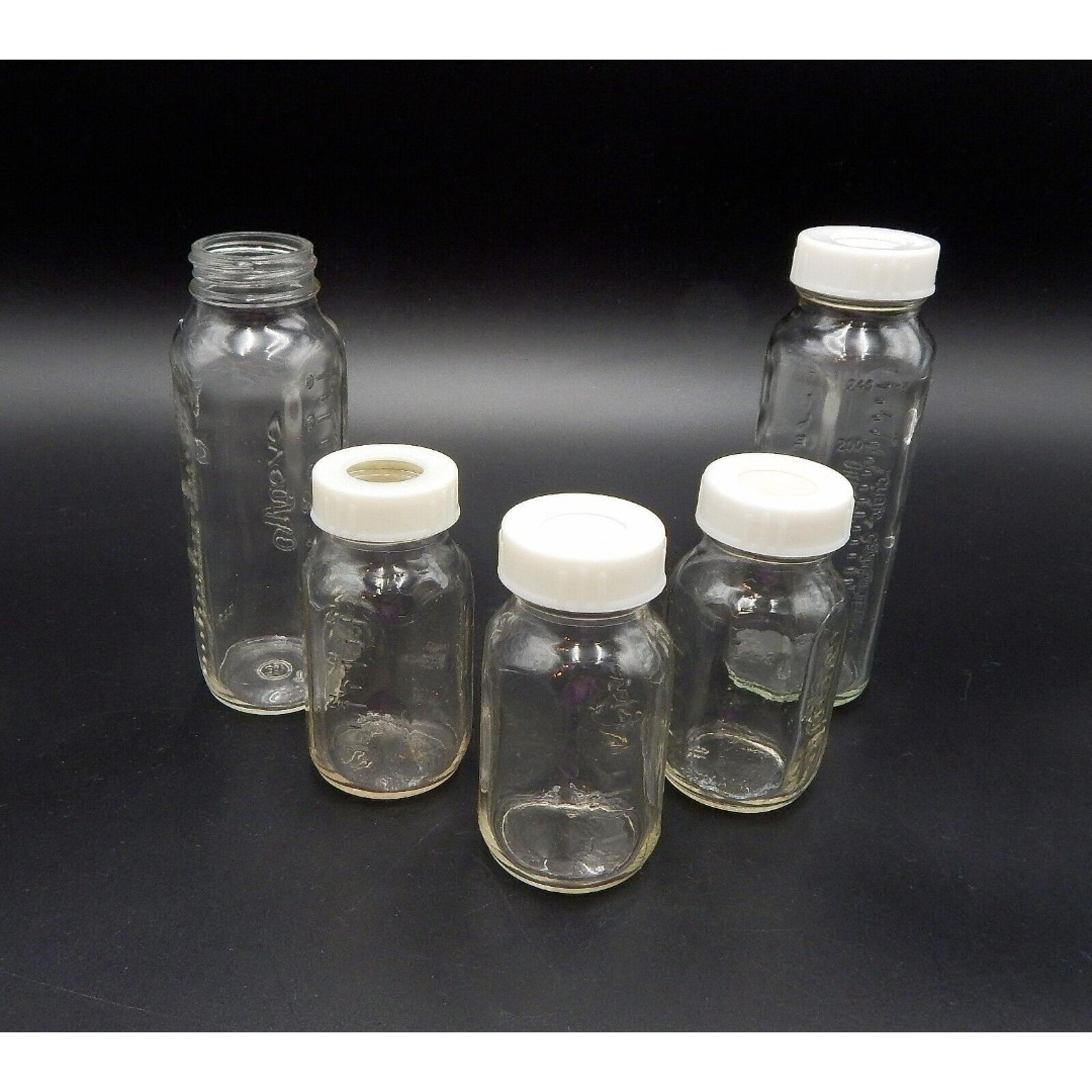 Evenflo Glass Baby Bottles With White Plastic Lids 4 oz And 8 oz Lot of 5 USA