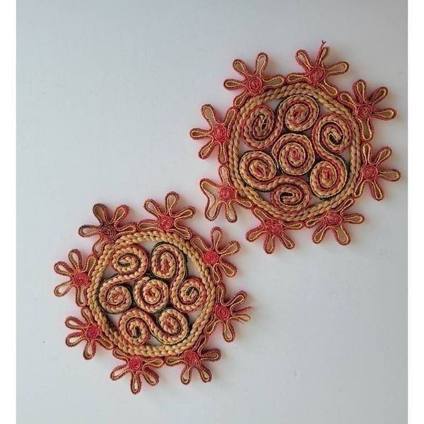 Vintage 1970's Woven Abstract Design Trivet Set of Two