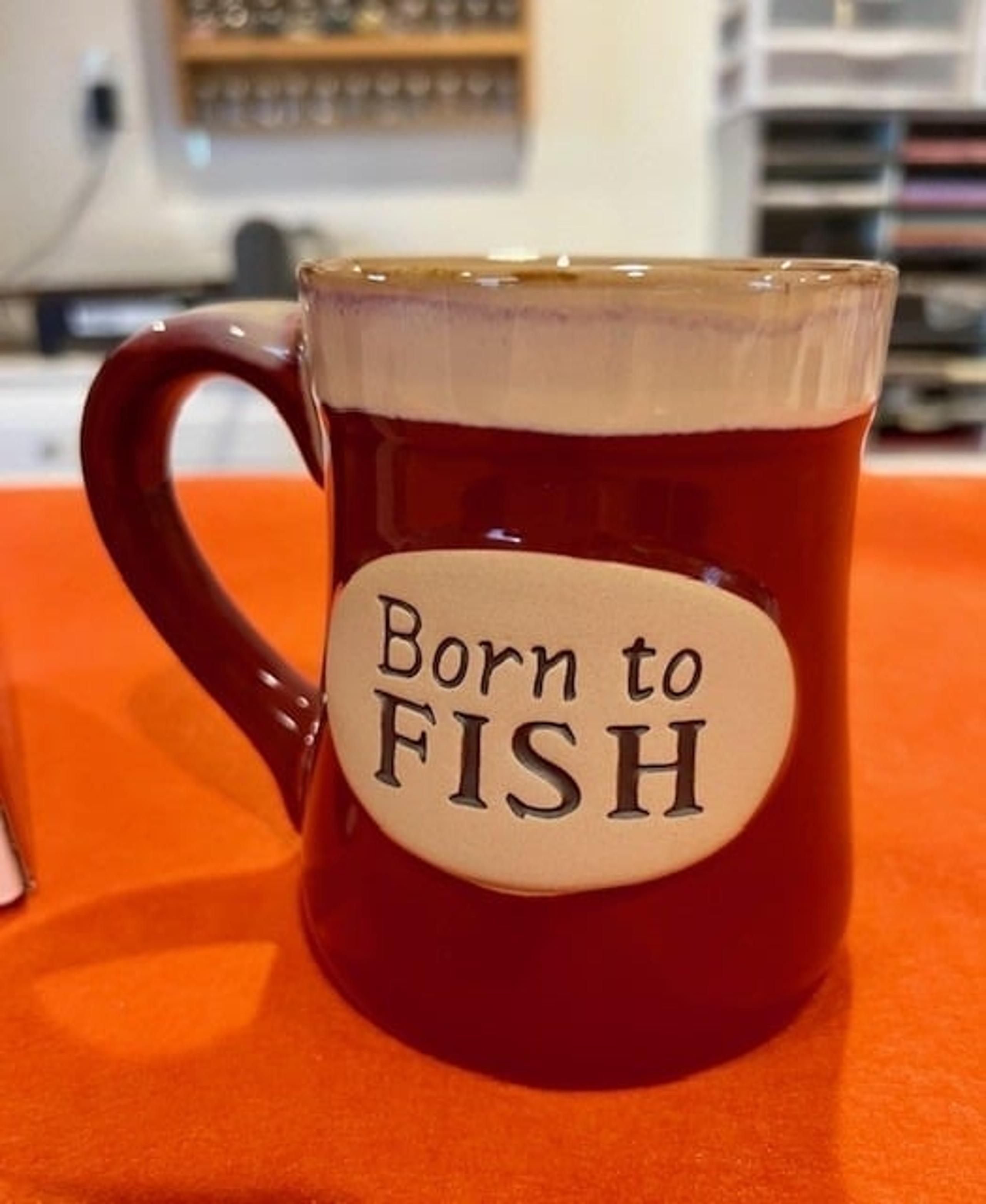Burton &  Burton Born To Fish Mug Serenity Prayer Burgundy Tan Stoneware