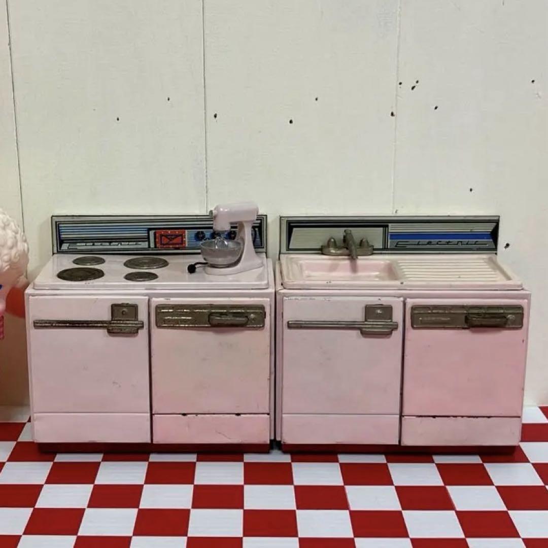 Pink Kitchen Toy, Tin, with Mixer, Showa Retro, Pretend Play, Vintage