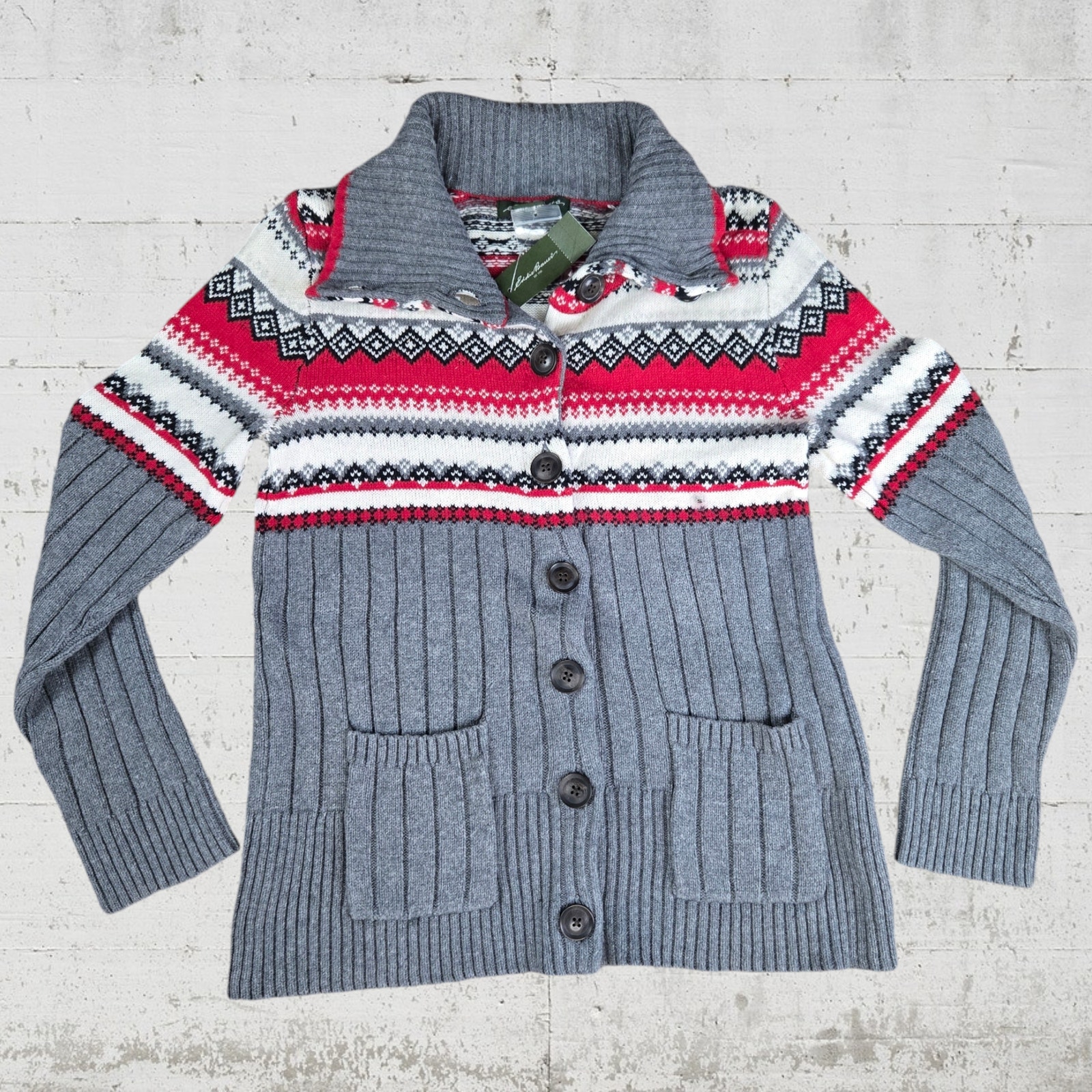 Eddie Bauer Gray Red Fair Isle Cowl Neck Button Up Cardigan Sweater Size Small