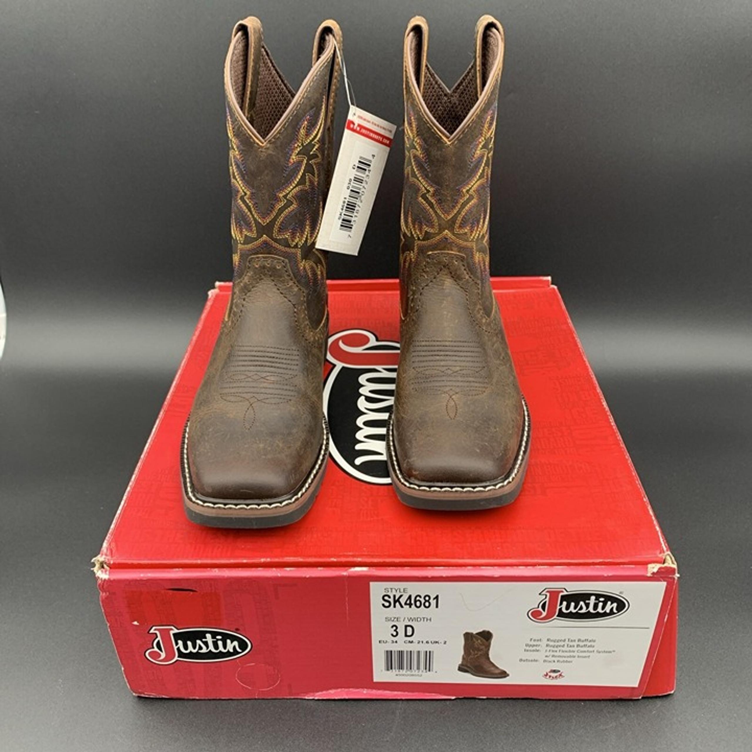 Justin Kids Brown Leather Western Boots Size 3D Rugged Tan Buffalo SK4681