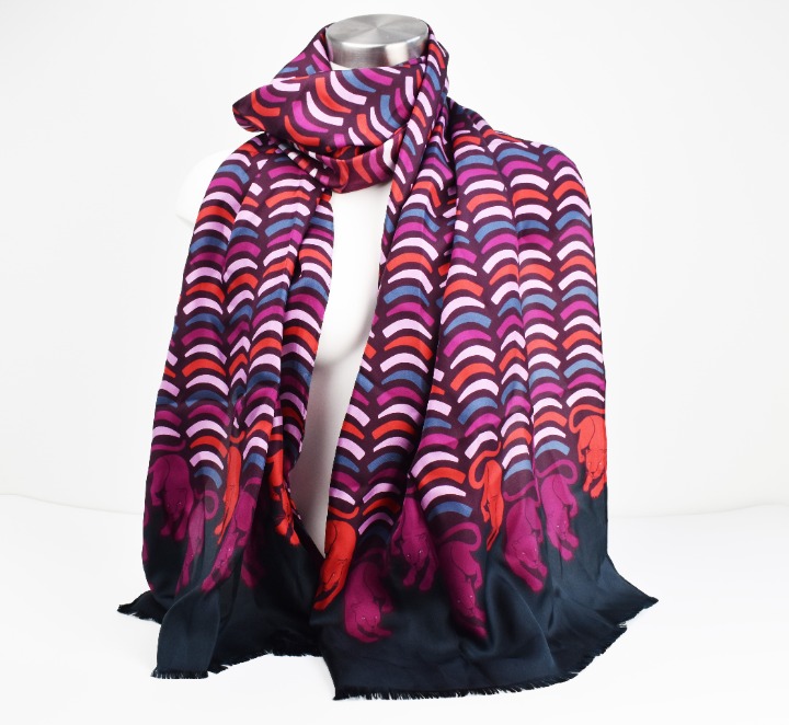 Large long colorful Kate Spade silk scarf, fuchsia panther summer silk scarf