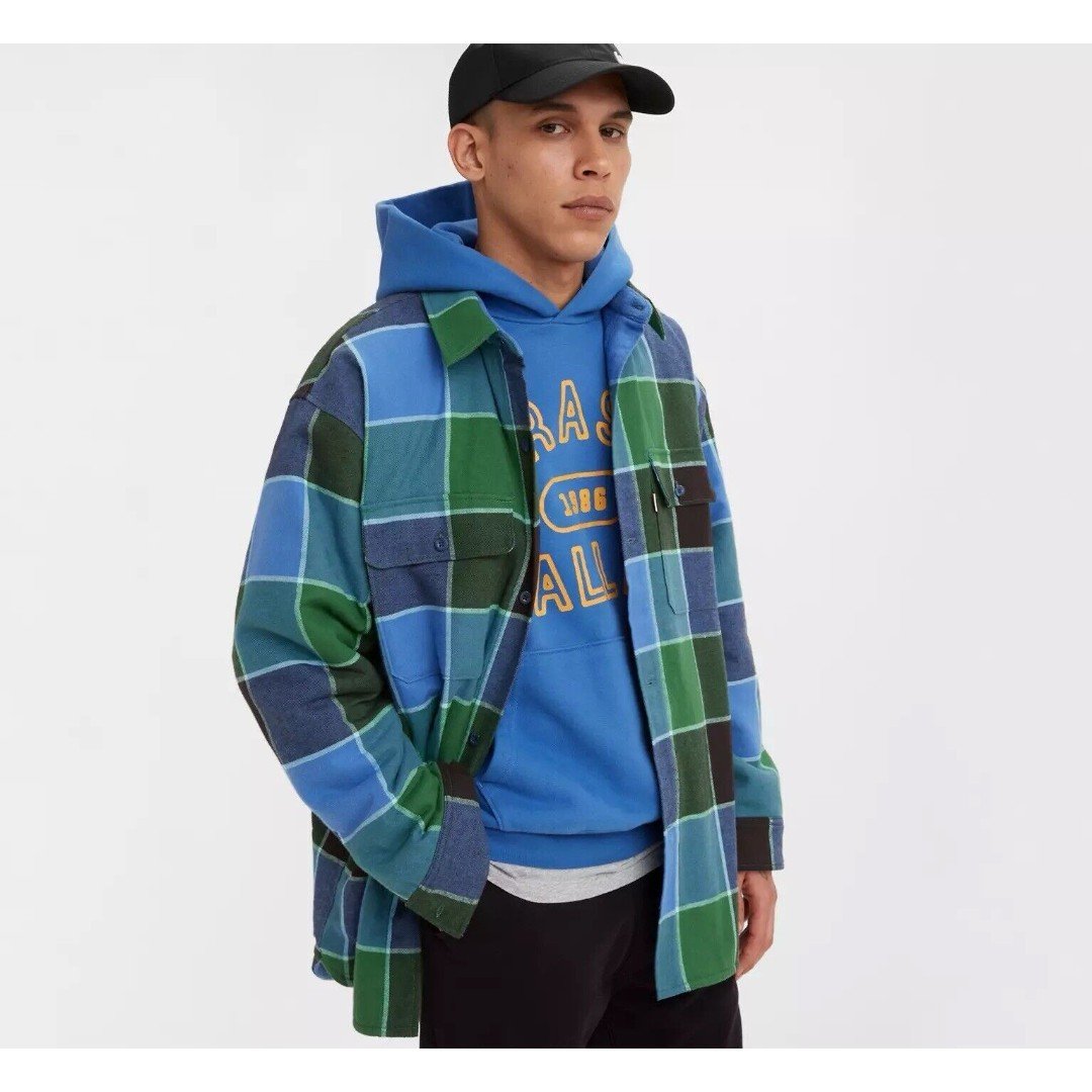 Levi’s Men Blue & Green Colorblock Flannel Shacket Size L NWT 148 Gold Tab