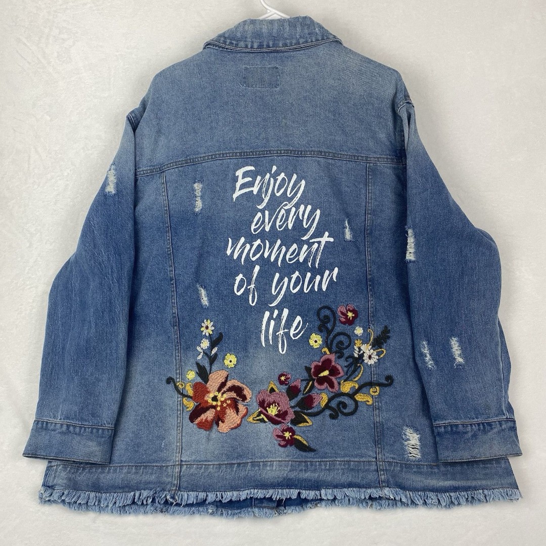 WilliamRast Trucker Denim Jacket Womens Size 3X Blue Floral Embroidered Rare