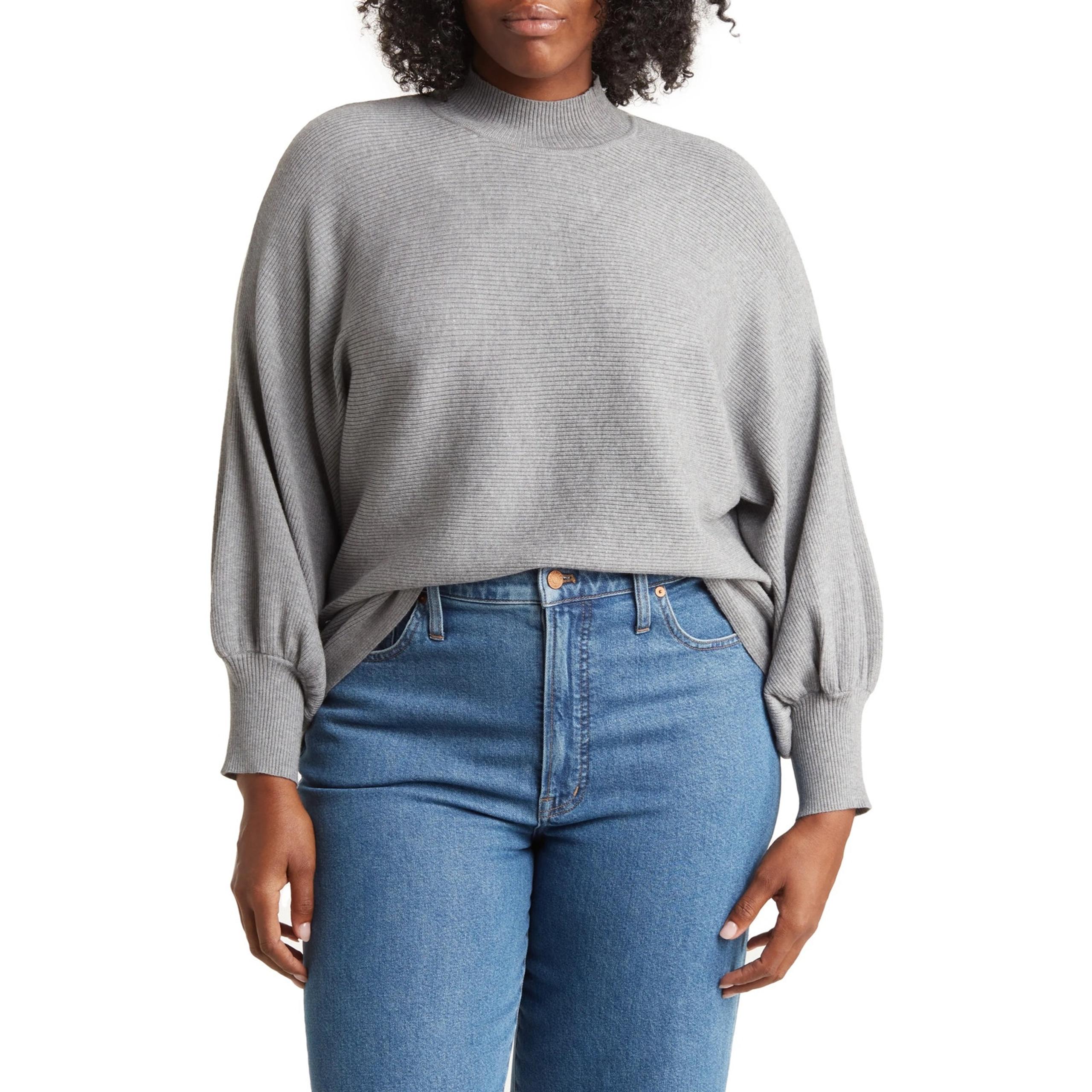 T Tahari Mock Neck Balloon Sleeve Sweater in Heather Grey Plus Size 2X