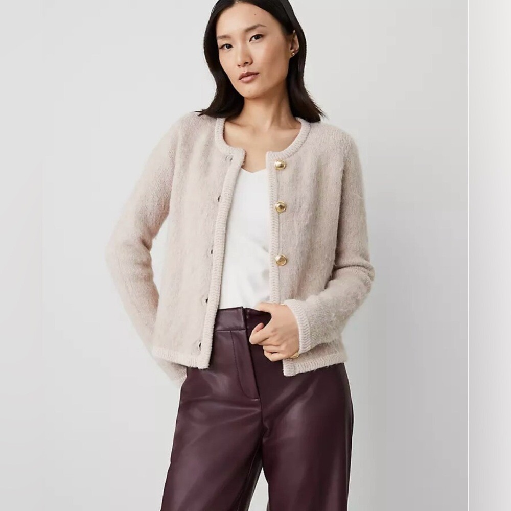 ANN TAYLOR Brushed Sweater Jacket Tan/Beige Gold Buttons Sz Large Cozy Luxe