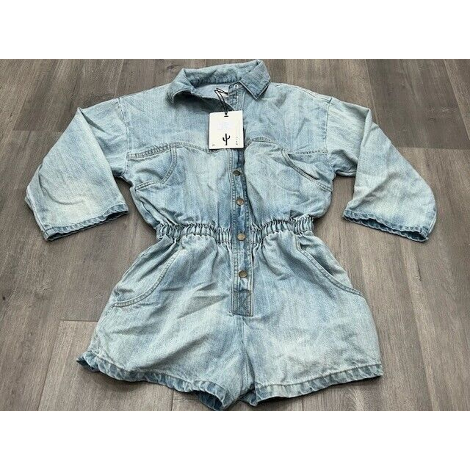 NWT Pistola Denim Luca Romper Ruched Waist 3/4 Sleeve Collared Light Wash Size S