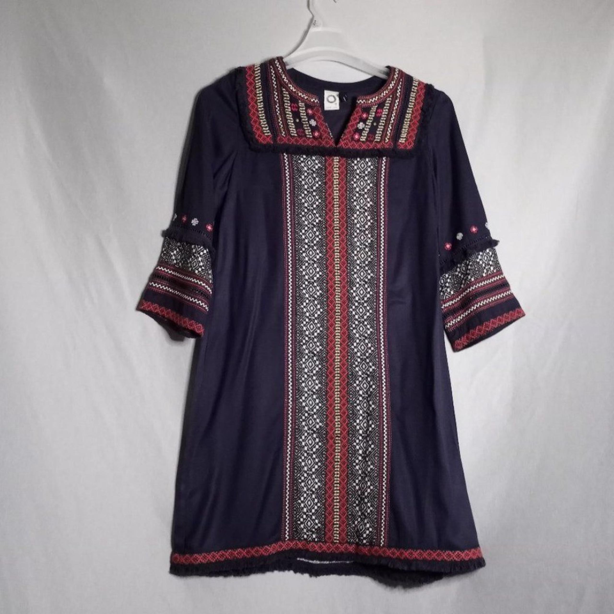 Anthropologie Akemi+Kin Women's Tribal Embordered Navy Blue Half Sleeve Dress 4