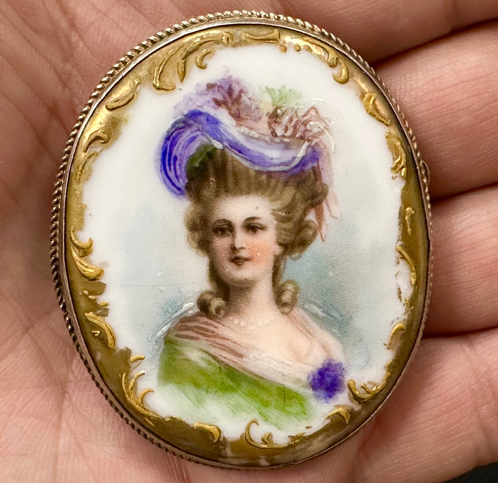 Antique 1880c Solid Sterling Silver Abalaster HandPainted French Brooch Pendant