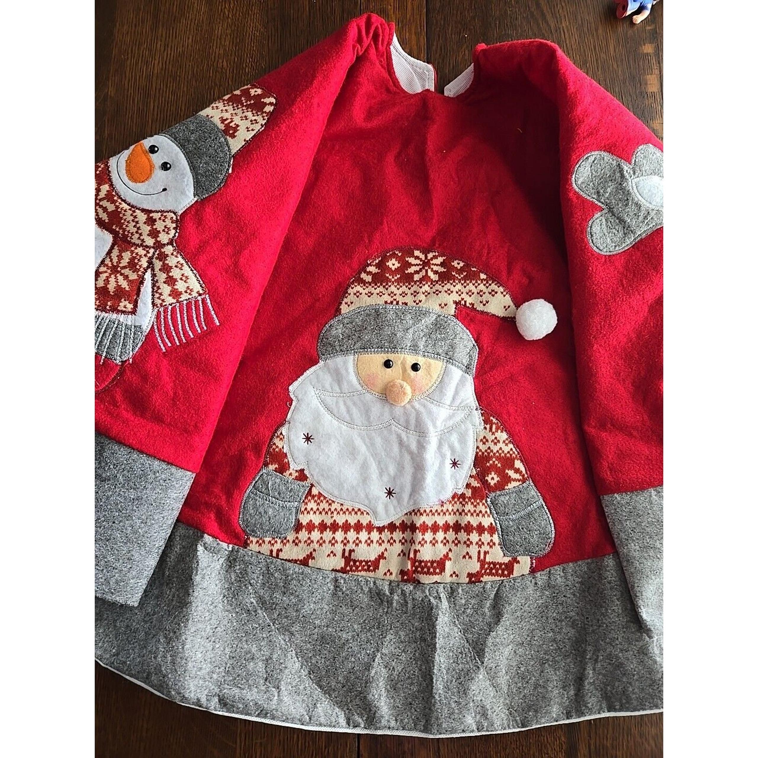 Christmas Tree Skirt Santa Snowman Applique Felt 46" Gray Red White