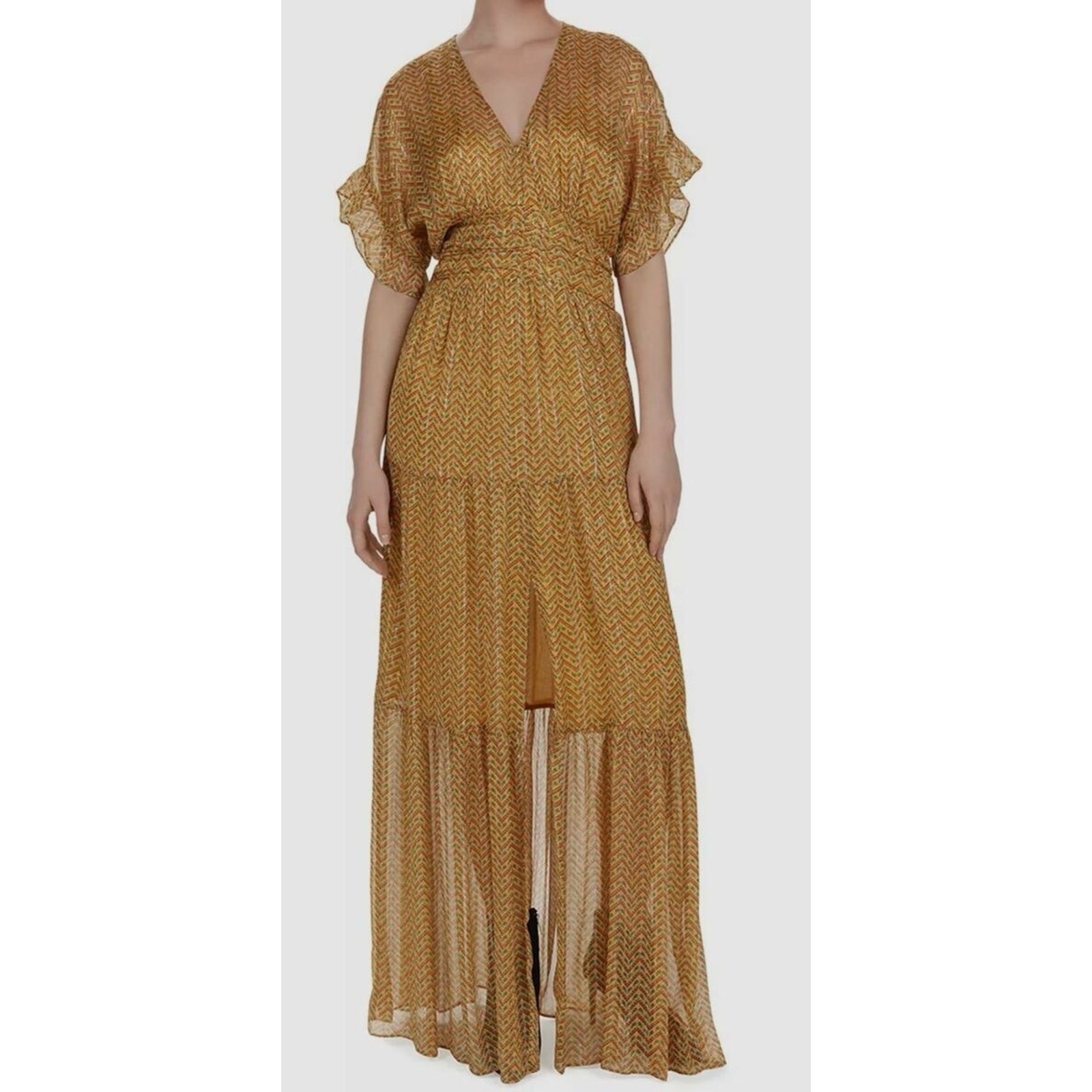 BA&SH Wanda Tiered Metallic Paisley Print Georgette Maxi Dress Saffron Sz 2 US 8