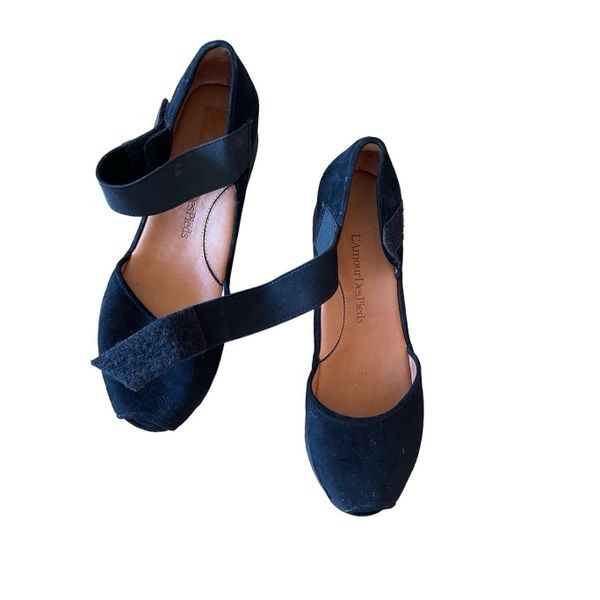 L&Amour Des Pieds Womens Black Leather Suede Peep Toe Amadour Sandal Size 9