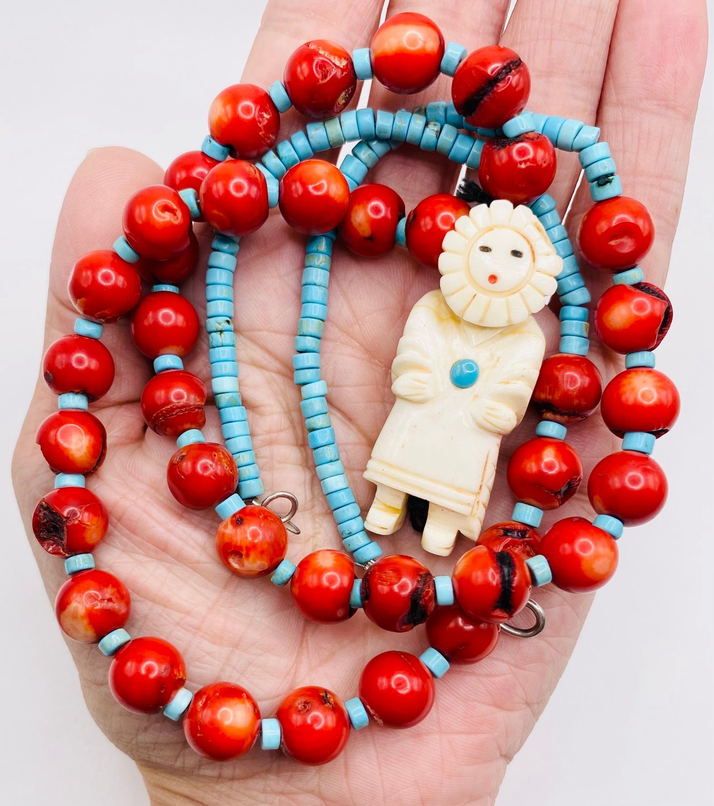 Handmade Coral Bead and Turquoise Heshi Kachina Fetish Necklace Sterling Silver