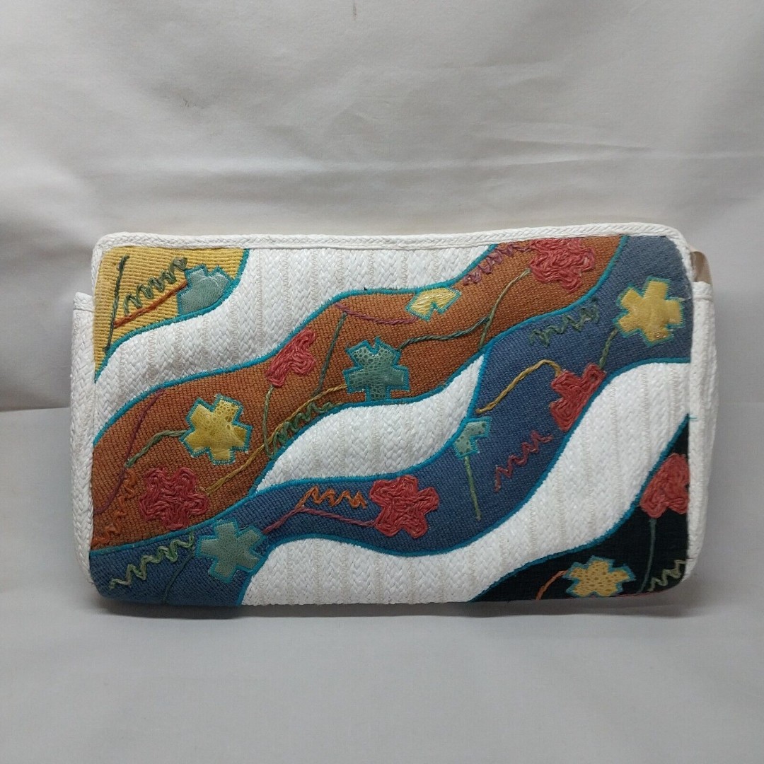 VTG 1970's White Raffia Multicolor Embroidery Handmade Clutch Bag Large 14x9x2