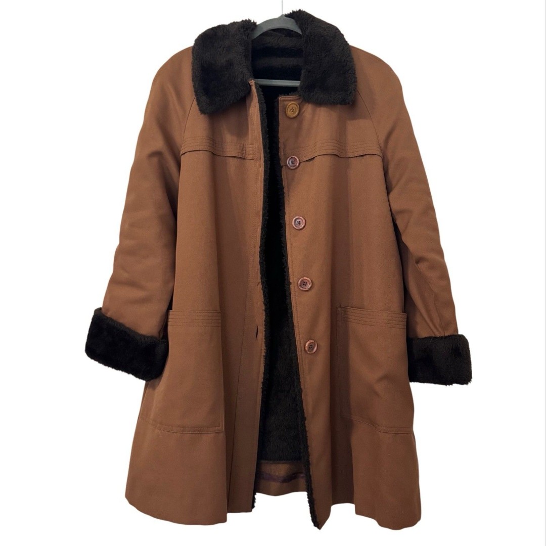 VINTAGE ILGWU Workers Union Womens Midi Faux Fur Coat Size 12 Brown Old Money