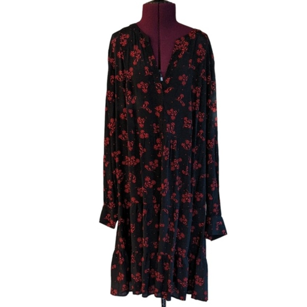 Loft LT garden split neck swing tiered ruffle dress long sleeve red black LT